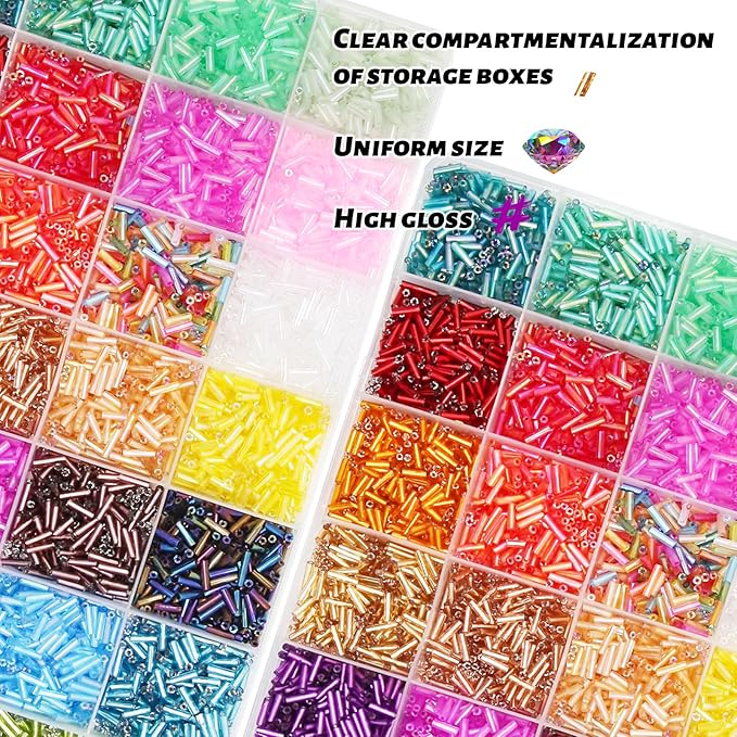 Tube Seed Beads 7mm Crafts Glass Bugle Beads with for Jewelry Making Embroidery Decoration (28 Colors, 8400pcs)