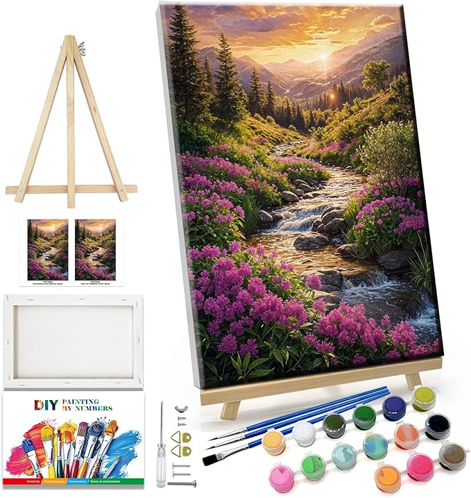 JOOZ Landscape Paint by Number for Adults Beginner with Frame Paint by Number Kits Sunsets on Canvas with Easel DIY Digital Oil Painting for Home Wall Decor Gifts 7.87x11.81 Inch