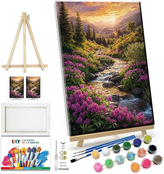 JOOZ Landscape Paint by Number for Adults Beginner with Frame Paint by Number Kits Sunsets on Canvas with Easel DIY Digital Oil Painting for Home Wall Decor Gifts 7.87x11.81 Inch