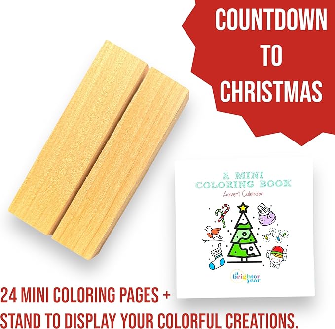 A Brighter Year The Original Adult Mini Coloring Book - Advent Calendar Edition w/Wooden Display Block & Colored Pencils - 3” x 3” Pocket Size, 24 Pages, Lay Flat Binding, Thick Paper - Gift & Travel