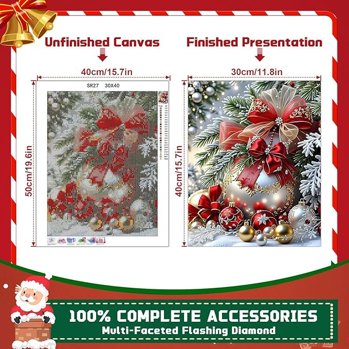 EMIEAUFG Christmas Diamond Art Kits for Adults, Christmas Ornament Diamond Paiting Kit for Beginners, 5D DIY Round Full Drill Craft Diamond Dot Gem Art, Home Wall Decor 12" x 16"