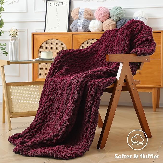 Chunky Yarn for Hand Knitting - #10 Chunky Chenille Yarn, Jumbo Big Thick Chunky Yarns for Crocheting, Super Bulky Chunky Knit Blanket Yarns, 8 Skein (25 yds 8 oz Each Skein), Burgundy