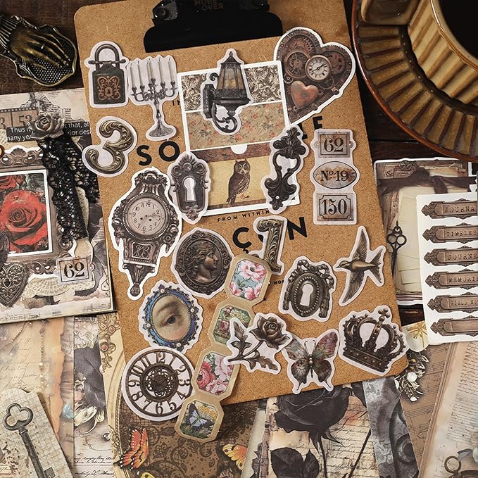 200PCS Vintage Scrapbook Paper Journaling Scrapbooking Supplies Kit Retro Decorative Craft Paper Assorted for Bullet Junk Journals Card Making Craft DIY, Time Code