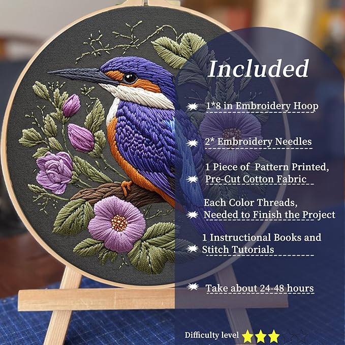 fonnuy embroidery kit for beginners, birds with flowers pre-stamped pattern kits for adults with hoop, easy to follow color thread needlework, 8'' hoop (purple 1)