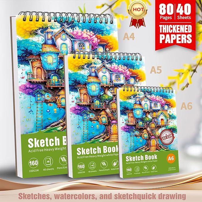 Thickened Mixed Media Sketchbook - Three Different Sizes, Drawing Paper Pad-108lb/160gsm, (Colorful Tree, A5 (Travel Size) 5.7X8.2 inch)