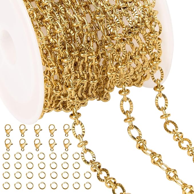 Jabogrii 13 Feet Gold Plated Embossed Oval Cable Chain for Jewelry Making Shiny Stainless Steel Jewelry Making Chains Bulk