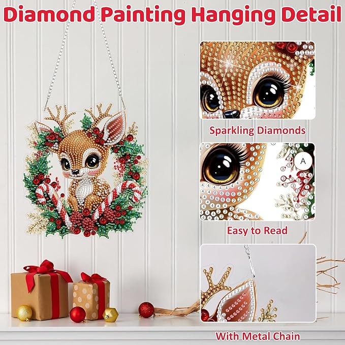 MEIYUDA Christmas Deer Diamond Art Hanging Kits for Adult, Elk Wreath Diamond Painting Hanging Kits Ornaments, DIY Special Shaped Rhinestone Window Pendants kit for Home Garden Wall Decor