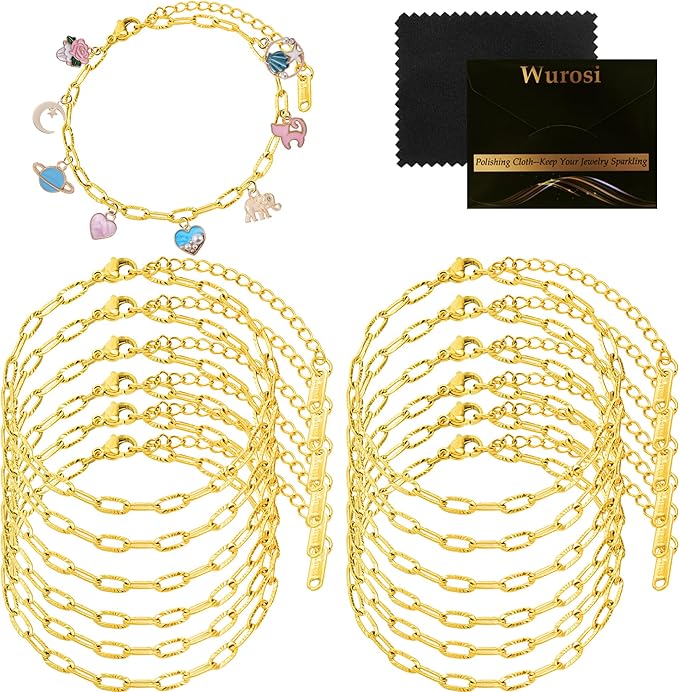 Wurosi 12PCS 18K Gold Plated Embossed Bracelet Chains 6.3Inch Gold Charm Bracelet Chains for Women DIY Jewelry Making