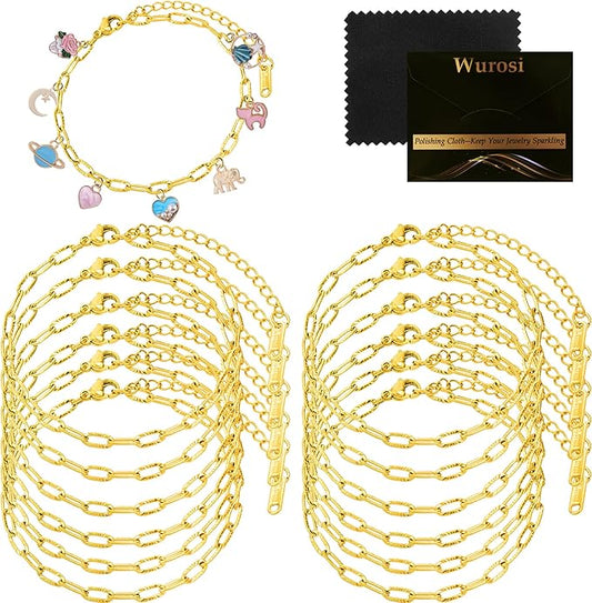 Wurosi 12PCS 18K Gold Plated Embossed Bracelet Chains 6.3Inch Gold Charm Bracelet Chains for Women DIY Jewelry Making