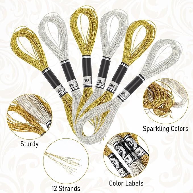 6 Skeins Metallic Embroidery Floss, Glitter Silver & Gold Embroidered Thread Set, Polyester Sewing Floss Cross Stitch Thread Friendship Bracelets Threads for Hand Embroidery, String Art
