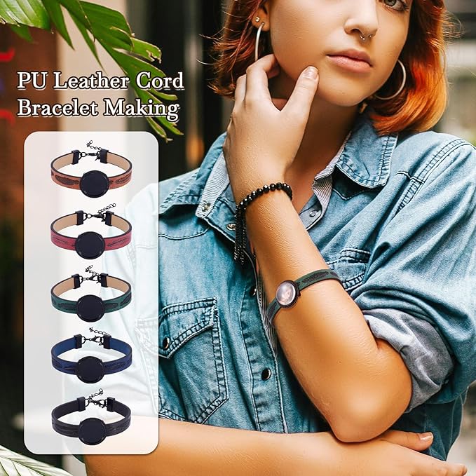 FASHEWELRY 5Pcs PU Leather Cord Bracelet Blanks Bezel Tray Settings Black Flat Round Tray Cabochons Adjustable Round Tray Bracelet Kits with Glass Cabochons for Jewelry Making