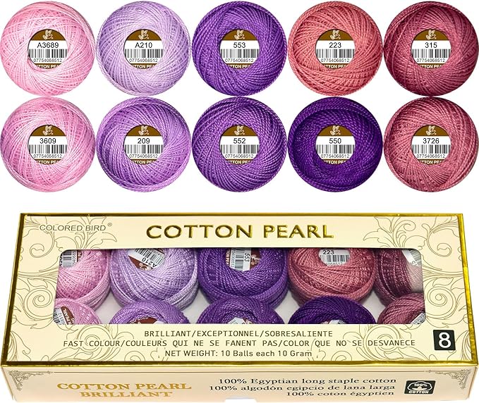Double Mercerized Egyptian Long Staple Cotton Pearl Thread Ball 10 Grams Rainbow Color Embroidery Thread 10 Colors per Box for Crochet Hardanger Cross Stitch Hand Embroidery,Purple Series
