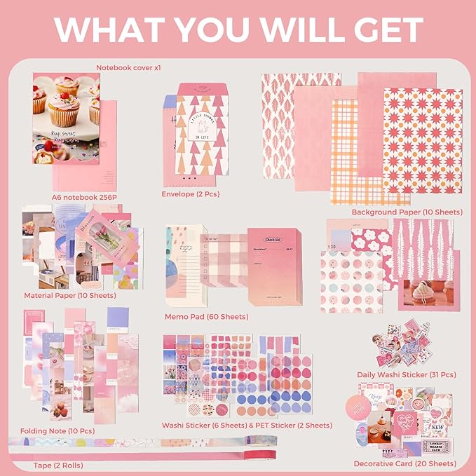 Funto Scrapbooking Kit(155 PCS), Warm Mail Series-My Sweetheart, Perfect for Bullet Scrapbooking Materials, Planner DIY Arts Craft Collage
