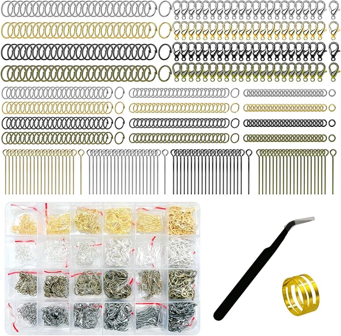1682 Pcs 4 Colors 4/6/8/10mm Jump Rings with Opening Tool, Lobster Claw Clasps, Eye Pins, Jewelry Making Findings for Earring, Necklaces,Bracelets DIY (Gold/Bronze/Silver/Gun-Metal)