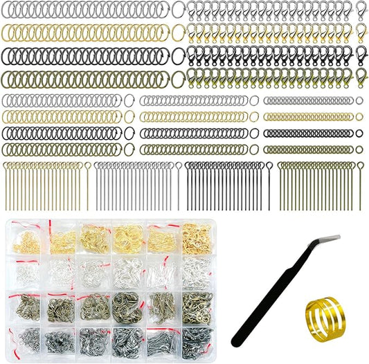 1682 Pcs 4 Colors 4/6/8/10mm Jump Rings with Opening Tool, Lobster Claw Clasps, Eye Pins, Jewelry Making Findings for Earring, Necklaces,Bracelets DIY (Gold/Bronze/Silver/Gun-Metal)