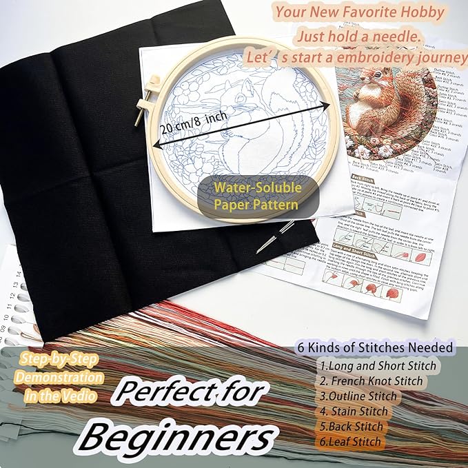 FONNUY Funny Squirrel Floral Embroidery Kit, Cross Stitch Kits for Beginners, Handmade Crafts with Printed Patterns for Beginner Adults, Easy to Follow Color Thread Needlework, 8'' Hoop (Happy)