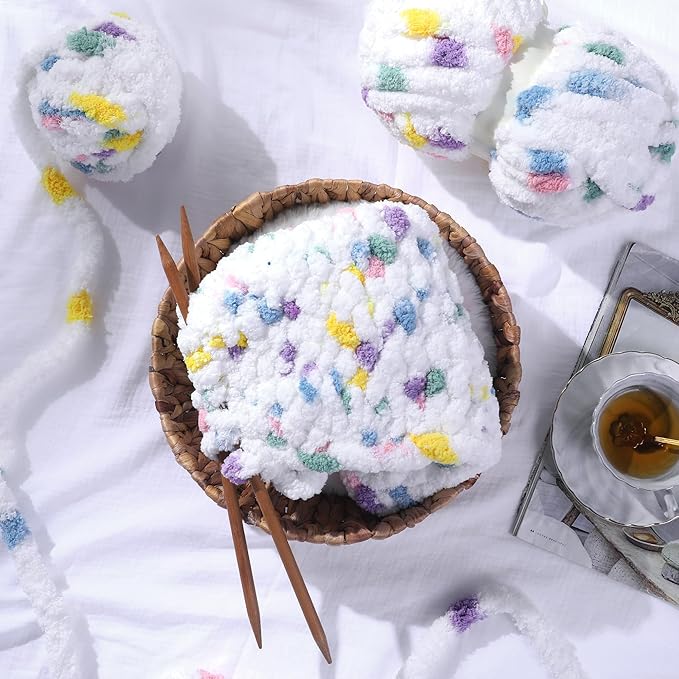 HOMBYS Chunky Tie Dye Mix Chenille Yarn for Hand Knitting, Super Bulky Jumbo Yarn for Crocheting, 3/4" Thick Soft Plush Yarn for Blankets, 8 Skein Pack (26 yds / 7.5 oz Each) Rainbow White