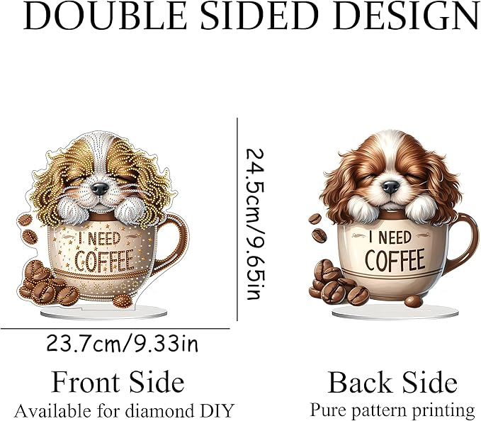JJFox DIY Tabletop Diamond Art Painting Kit，Desktop Ornament Special Shaped Rhinestone Desk Placement Ornament，Home Stand Up Gem Painting Craft Kit Gift Double Sided (Coffee Dog)