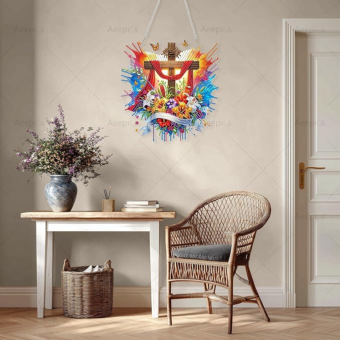 Aeepics Hanging Diamond Art Kit for Adult, DIY Diamonds Painting Pendant Ornament Kit, Acrylic Diamond Art Painting Board Kit (Cross)