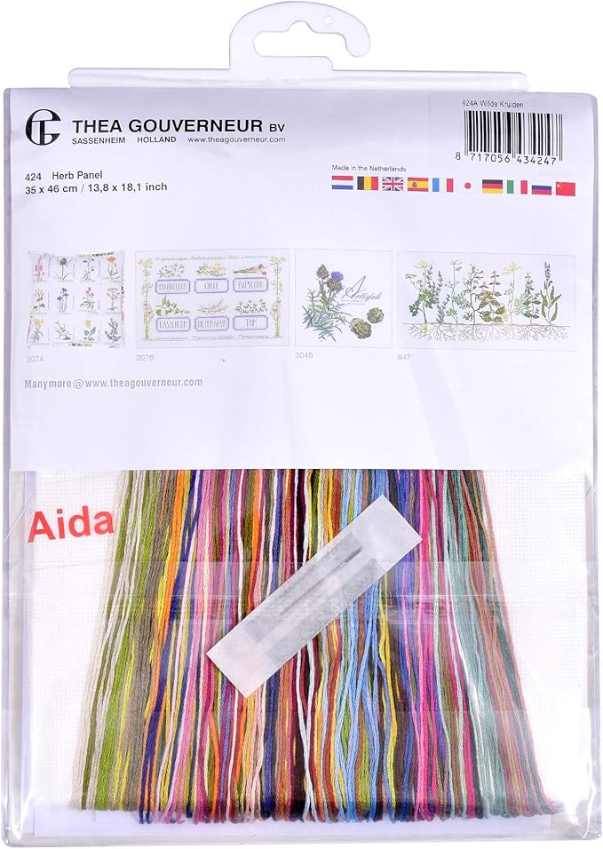 Thea Gouverneur - Counted Cross Stitch Kit - Herbs - Aida - 18 Count - Embroidery Kits for Adults - Crafts - DMC Embroidery Threads and Other Cross Stitch Supplies Included - 424A