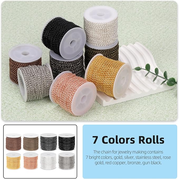 Glarks 102Pcs 30 Feet Jewelry Chains Set White Cable Link Chains Link Rolls Bulk Twisted Links Chain Necklace Jewelry Making Chains with Lobster Clasps and Jump Rings for Necklace Jewelry Making