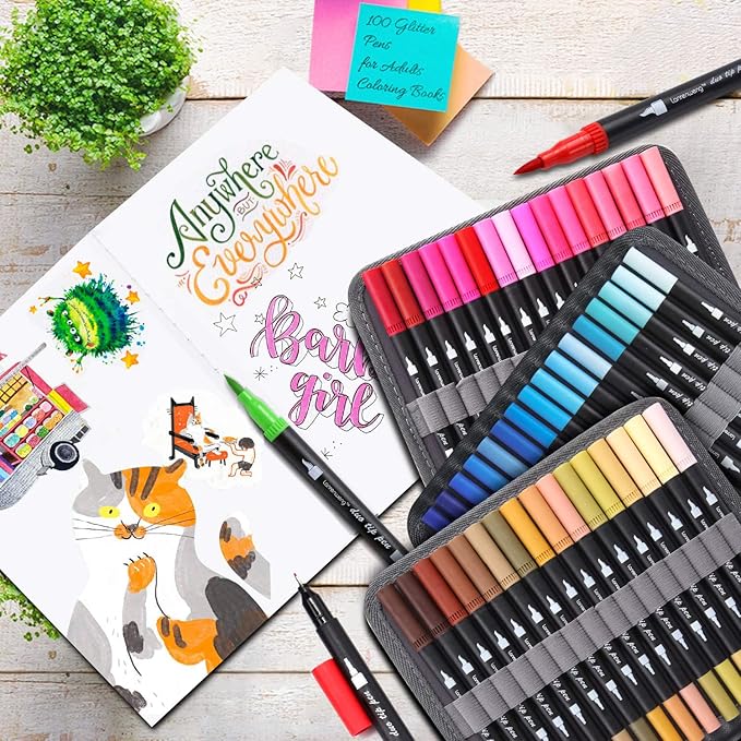 100 Colors Duo Tip Brush Markers Art Pen Set, Fine Brush Tip Colored Pens Set with Canvas Bag,Adult Coloring Books Drawing Sketching Calligraphy