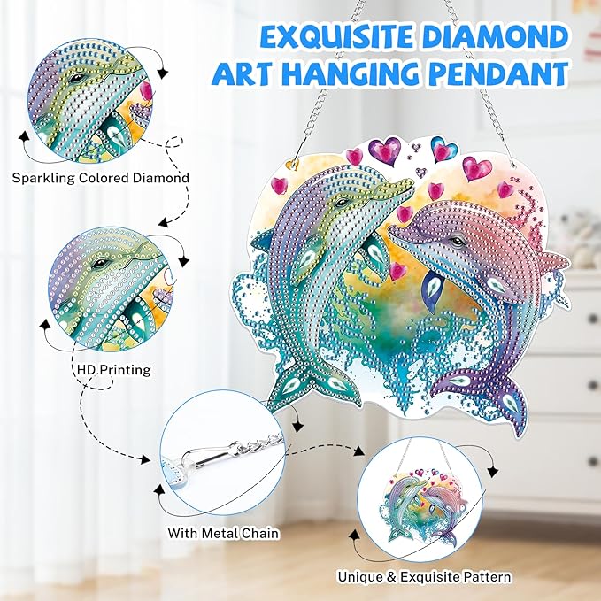 Bowetile Dolphin Diamond Art Hanging Kits for Adults, 5D Special Shape Diamond Painting Animals Kits, Animal Gem Art Suncatchers Painting Pendant Ornament for Home Garden Wall Decor
