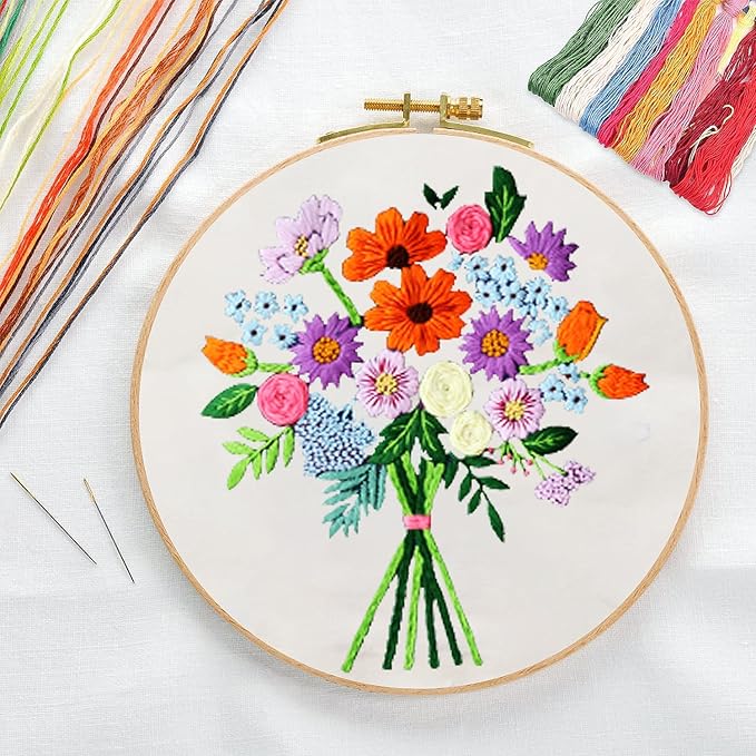 CREAWONDER Canvas Tote Bag Embroidery Kit with Pattern for Beginners, Arts and DIY Embroidery Crafts Kits for Adults, Include Instructions, Thimble, Embroidery Hoops, Color Threads and Tool