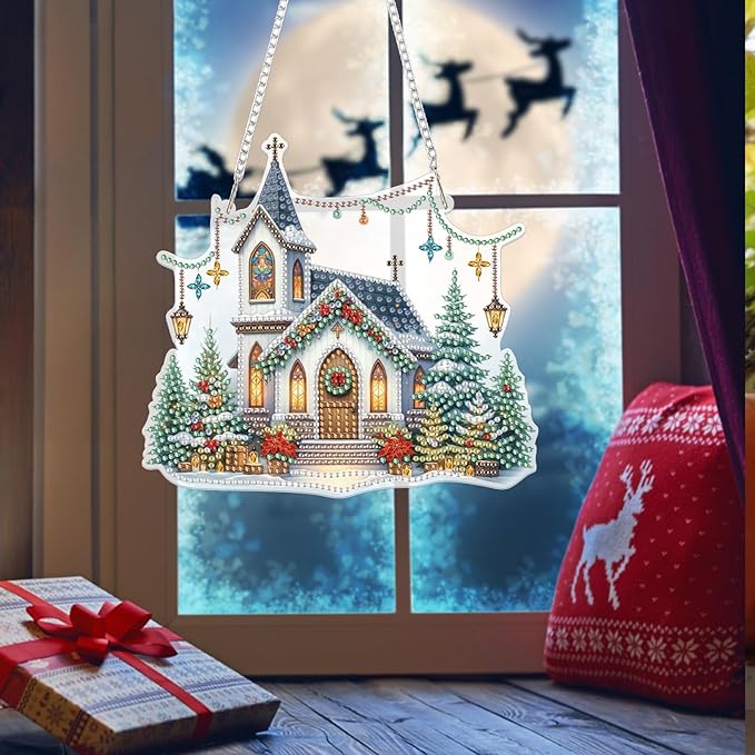 Bowetile Church Diamond Art Hanging Kits for Adults, Christmas Diamond Art Suncatchers, 5D Special Shape Diamond Painting Pendant Window Ornament Christmas Gifts for Home Door Wall Decor