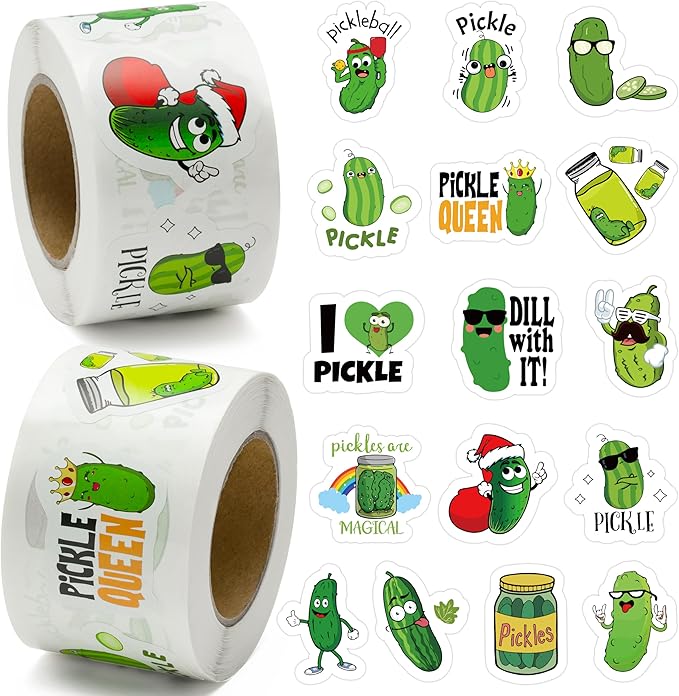 beyumi 1000pcs pickle cartoon stickers for kids in 2 rolls funny graphic aesthetics cucumber stickers waterproof vinyl sticker for scrapbooking bottle skateboard guitar luggage party decor gifts teens