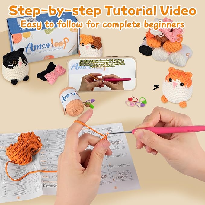 Amorloop Beginner Crochet Animals Kit for Adults Kids – 3 PCS Crochet Kit with Easy-to-See Stitches Yarn and Video Tutorials, Cute Animal Designs, DIY Crochet Set for First-Time Learners - Cat Combo