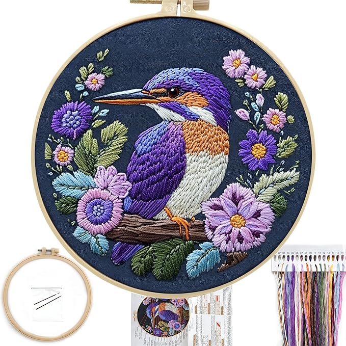fonnuy embroidery kit for beginners, birds with flowers pre-stamped pattern kits for adults with hoop, easy to follow color thread needlework, 8'' hoop (purple 2)