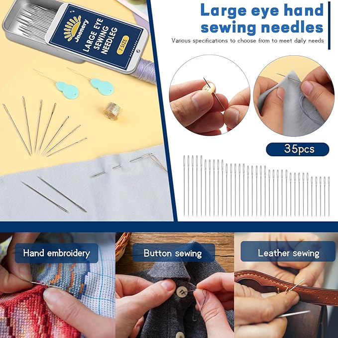 35 Pcs Large Eye Sewing Needles, 7 Size Sewing Sharp Needles for Handsewing, Leather Embroidery Thread Needle, Stainless Steel Yarn Knitting Needle with Threader, Thimble for Crafts, Repair, Quilting