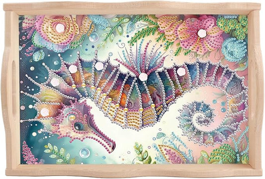 AiYuanzsh 5D Diamond Art Tray with Handle for Adults DIY Diamond Art Plate Kits Seahorse Picture Diamond Art Painting Dinner Plate for Coffee Living Room Home Organizer Parties Family Gatherings