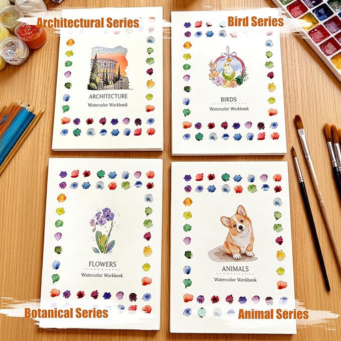 Watercolor Workbook, 100% Cotton Watercolor Paper Pad Set – 4 Pack (52 Sheets), 5.4" x 7.4" Cold Press 140lb / 300gsm Glue Bound Art Paper for Adults, Beginners & Daily Practice