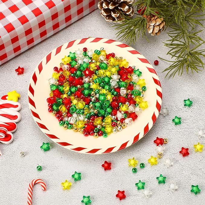 UPINS 1500Pcs Christmas Beads, Red Green Gold Silver Craft Beads Star Spacer for Xmas Holiday DIY Crafts and Necklace Bracelet Earring Supplies for Jewelry Making