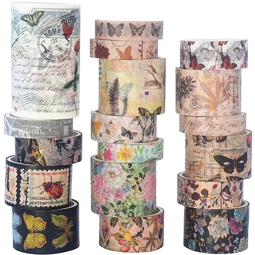 YUBX Butterfly Washi Tape Set 18 Rolls Vintage Gold Foil Masking Wide Retro Decorative Tapes for Arts, DIY Crafts, Journals, Planners, Scrapbook, Wrapping