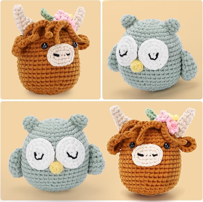 CrochetBox Crochet Kit for Beginner, Highland Cow and Owl Learn How to Crochet Stuffed Animals Gift for Adults and Teen(), Knitting Set with Yarn Hook Stitch-by-Stitch Video Tutorial