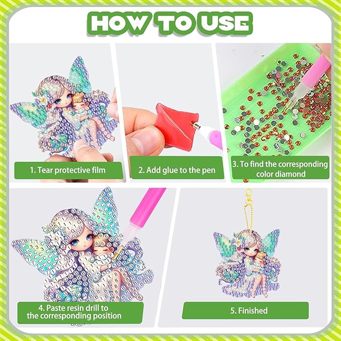 Masendp 8 Pieces 5D DIY Diamond Art Painting Keyring, Angel Fairy Double Sided Diamond Keychain, Mosaic Paste Painting Keychain, Diamond Art Pendant Jewelry Wallet Bag Decoration