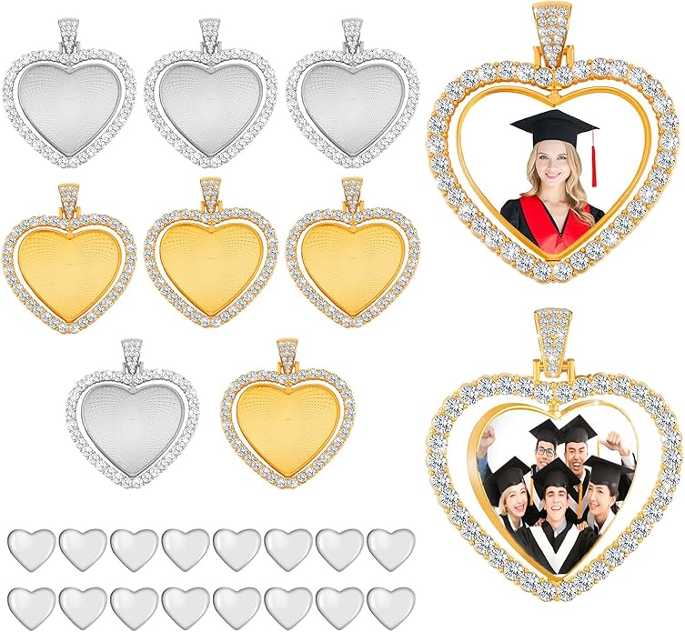 Hicarer 24 Pcs Rhinestone Pendant Trays Set Including 8 Heart Shape Double Sided Blank Pendant Charms with 16 Glass Domes Blank Discs Necklaces Halloween Jewelry Making