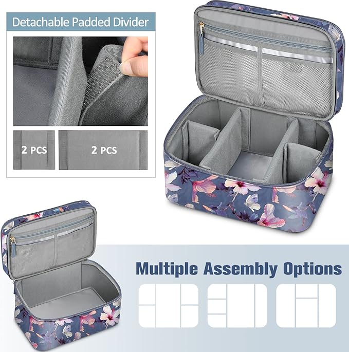 FINPAC Sewing Accessories Storage and Organizer Case, Double-Layer Sewing Kits Carrying Bag with Wrist Pin Cushion for Threads, Needles, Embroidery Floss Supplies, Felting Kits (Blooming Hibiscus)