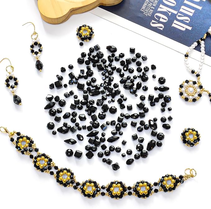 1500 Pcs Crystal Glass Beads for Jewelry Making – 12 Styles Bicone, Rondelle, Cube, Teardrop & 3mm Spacer Beads, DIY Bracelet Necklace Earring Craft Kit with Organizer Box(Black)