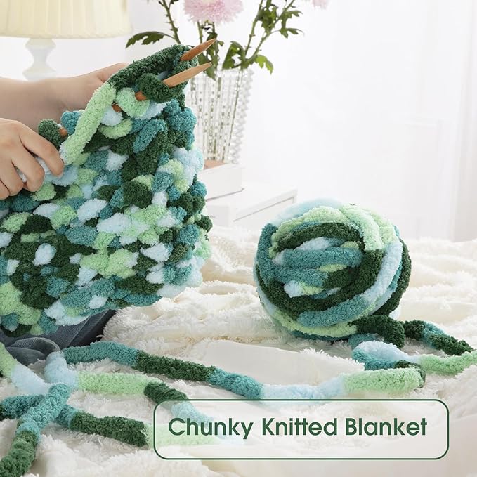 HOMBYS Chunky Tie Dye Mix Chenille Yarn for Hand Knitting, Super Bulky Jumbo Yarn for Crocheting, 3/4" Thick Soft Plush Yarn for Blankets, 8 Skein Pack (26 yds / 7.5 oz Each) Mint, Teal, Green