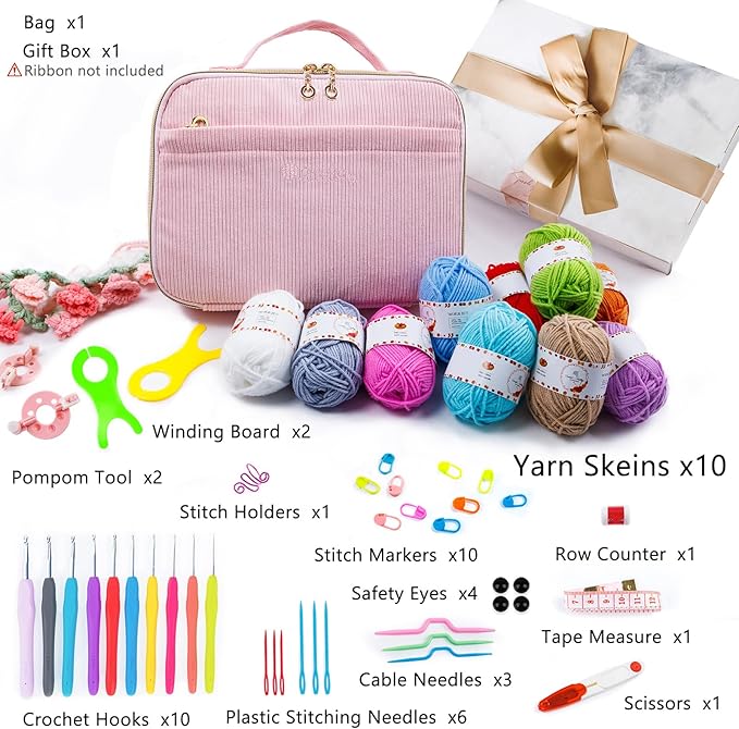 MYBAGZING Crochet Kit for Beginners with Yarn Storage Bag, 10pcs Crochet Hooks 2.0-6.0 mm, 10 Skeins Yarn for Crocheting, Knitting Accessories, 58pc Crochet Starter Kit for Adults