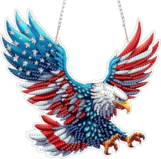 MXJSUA Diamond Art Hanging Kits for Adults Beginners, American Flag Eagle DIY Acrylic Special Shaped Crystal Diamond Gem Art Pendant Drills Painting Ornament for Home Wall Decor and Gift