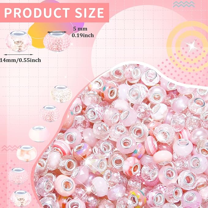 200Pcs Large Hole Beads Spacer Beads Pink Assorted European Craft Big Beads Large Hole Lampwork Murano Bead Fairy Wand Garden Beads for DIY Charm Bracelet Necklace Jewelry Making Decoration Supplies