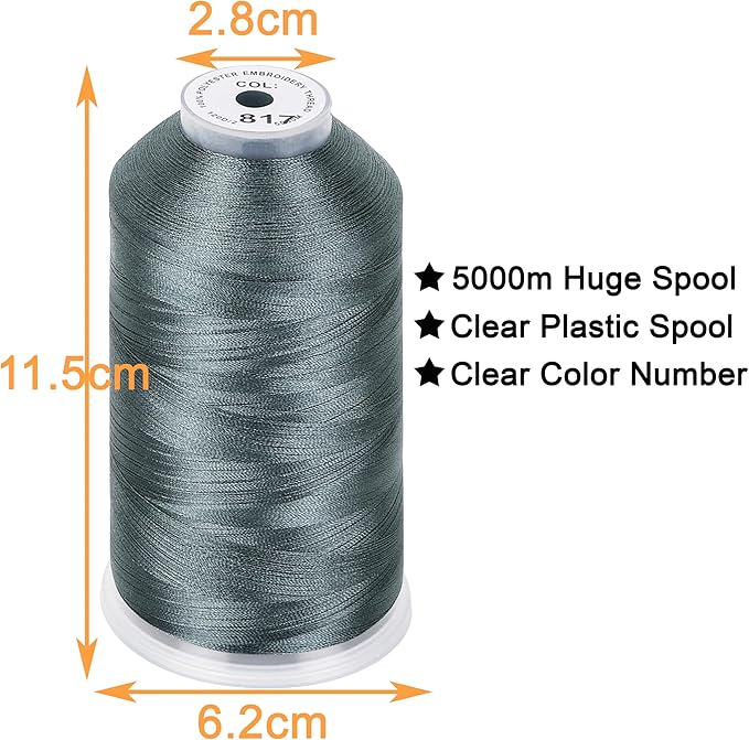 New brothread - Single Huge Spool 5000M Each Polyester Embroidery Machine Thread 40WT for Commercial and Domestic Machines - Gray