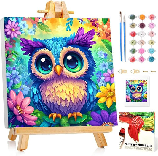 Owl Paint by Numbers Kit for Kids with Frame, Owl Paint by Numbers for Kids Ages 4-8-12, DIY Acrylic Oil Painting for Home Wall Art Decor Gift 7.8x7.8 inch (with Frame Easel)