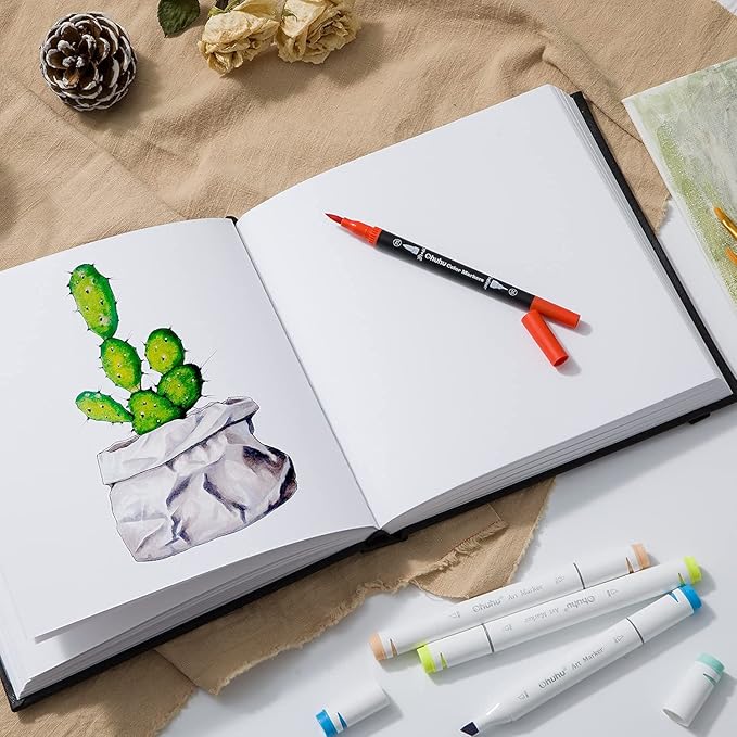 Ohuhu Mixed Media Pad - 8.3" x 8.3" Square Mix Media Sketchbook, 120 lb/200 gsm Heavyweight Papers, 78 Sheets/156 Pages, PU Hardcover Multi-Media Paper Pad for Acrylic Painting Christmas Gift