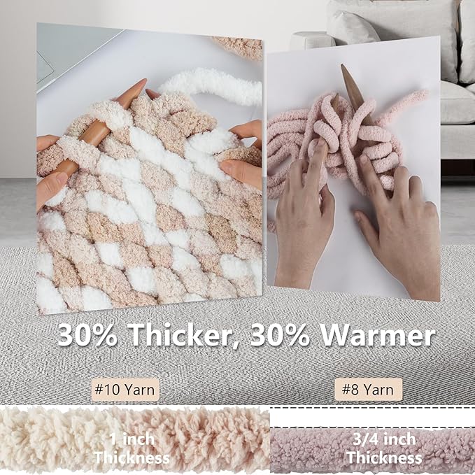 Chunky Yarn for Hand Knitting - #10 Chunky Chenille Blanket Yarn, Jumbo Big Thick Chunky Yarns for Crocheting, Tie Dye Bulky Knit Yarns, 8 Skein (25 yds 8 oz Each Skein), White & Khaki & Beige